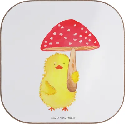 Produktbild von Mr. & Mrs. Panda Untersetzer Glas Küken Fliegenpilz - Weiß - Geschenk, Ostergrüße, Ostern, gläseruntersetzer, für Gläser, Tischschoner, Glückspilz, Holzuntersetzer, Frohe