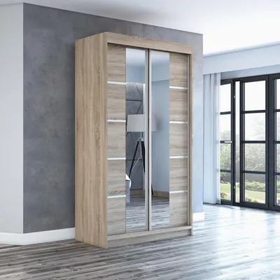 Produktbild von Schwebetürenschrank Kleiderschrank ERA 120 cm Schrank Garderobe Spiegel.Verschiedene Farben (Weiß, Schwarz, Somona). Möbel vom Hersteller!