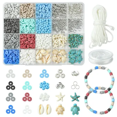 Produktbild von Perlen Set Ozean Thema - Synthetische Türkis Perlen - Natürliche Cowrie Shell Perlen - Messing Strass Perlen - Glas Rocailles - Inklusive Elastisches Band - Schmuck