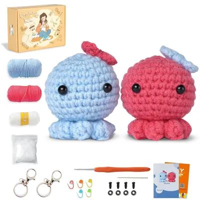 Produktbild von Häkelset für Anfänger, 2 Oktopusse, mit Video-Tutorials, DIY-Strickzubehör