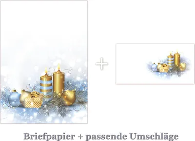 Produktbild von 25 Blatt Briefpapier DIN A4 + 25 Stück Umschläge 5051 Weihnachten goldene Kerzen Kugeln Motivpapier / Premium Briefumschläge DIN lang (110 X 220mm) mit Motiv bedruckt, Briefhüllen Kuvert, ohne Fenster, haftklebend