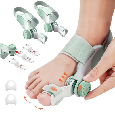 Produktbild von EliaValth 2 Pack Hallux Valgus Korrektur Schiene, Verstellbarer Ballenzeh Korrektor mit Drehknopf für Großzehen-Ausrichtung & Schmerzlinderung, Nacht Hallux Valgus Bandage & Zehenspreizer, Large Band