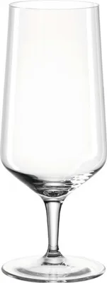 A clear, studio shot of a single empty beer glass.