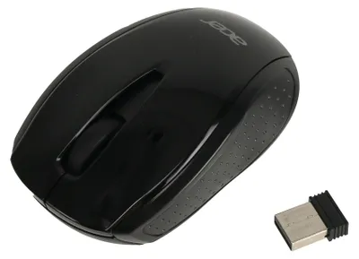 A black wireless computer mouse and its USB receiver are shown on a white background.