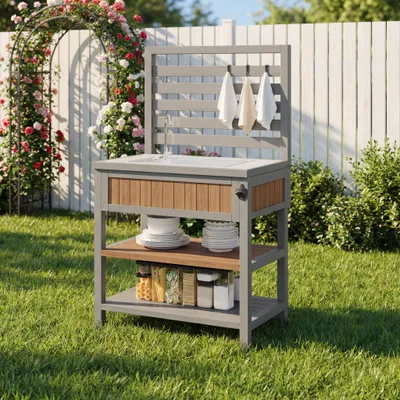 Image de Armoire de jardin Merax Outdoor avec bac à eau et robinet, table d'appoint pour barbecue avec décapsuleur, plan de travail en acier inoxydable et espace de rangement, station de barbecue