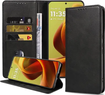 Produktbild von Geeignet für Motorola Edge 50 Fusion / Moto G85 Handytasche Kunstleder mit Magnetverschluss und Kartenhalter Bookcase mit Klappe - Wallet Case mit Kartenfach - Schwarz - Smartphonics