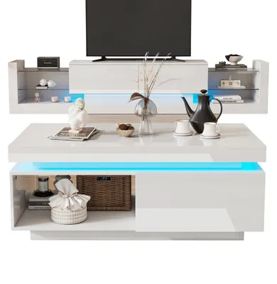 Image de Meuble TV - Meuble de télévision - Meuble bas - Meuble de salon - Finition brillante - Éclairage LED