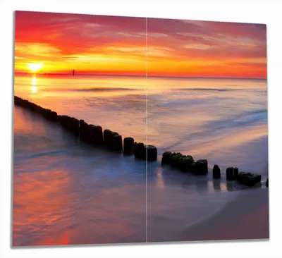 Produktbild von Wallario Herdabdeckplatte aus Glas, Größe 60 x 52 cm 2-teilig, Motiv Farbenspiel im Himmel - Sonnenuntergang am Strand