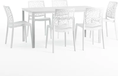 Image de Set de salle à manger d'extérieur avec table rectangulaire 156x78 cm et 6 chaises empilables en résine renforcée de fibres de verre - design moderne imitation bois, idéal pour le jardin, la terrasse et les espaces extérieurs couverts - THOMAS+ANNA - Blanc