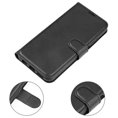 A black flip case for a smartphone is shown from a diagonal angle.