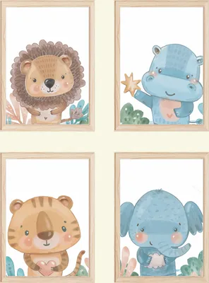 Produktbild von Löwe Nilpferd Tiger Elefant Safari Tiere 4er Set Kinderzimmer Bilder DIN A4 Wandbilder Deko Babyzimmer Poster