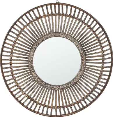 Produktbild von BELIANI Wandspiegel Dunkler Holzfarbton ø 66 cm Bambusholz breiter Spiegelrahmen Rund Boho-Chic-Look