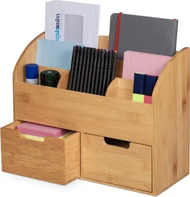 Produktbild von Famanu Büro Organizer mit 6 Fächern und 2 Schubladen - Bamboe - Natur - 26x33x13,5 cm