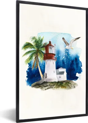 Produktbild von MuchoWow® MuchoWow® Gerahmtes Poster Aquarell - Leuchtturm - Palme 60x90 cm - Poster mit zchwarzem Bilderrahmen - Kunst