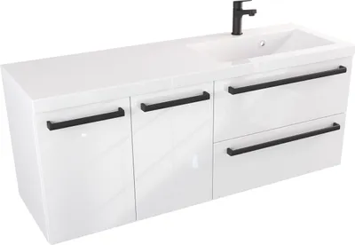 Produktbild von FURNI Waschtischunterschrank ATH 120 cm  - Weiß Hochglanz - Hängender Badschrank mit Mineralguss-Waschbecken - Griffe - Vormontiert
