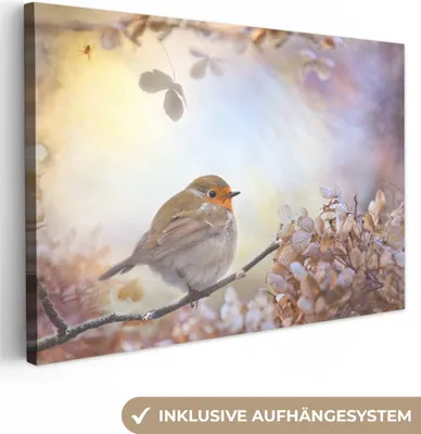 Produktbild von MuchoWow® - Leinwandbilder - Vogel - Zweig - Blätter - Abstrakt, Wandbild, Wanddeko Bilder Wohnzimmer, 120x80 cm