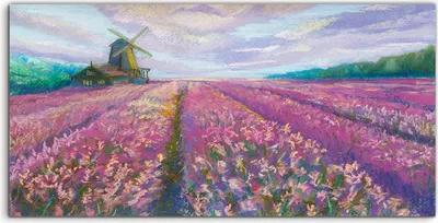 Produktbild von Coloray - Glasbild - 100x50 cm - Wandbild - Glasbilder - Kunst Bild Lavendel wiese Windmühle