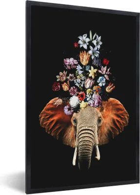 Produktbild von MuchoWow® MuchoWow® Gerahmtes Poster Elefant - Blumen - Schwarz 60x90 cm - Poster mit zchwarzem Bilderrahmen - Kunst