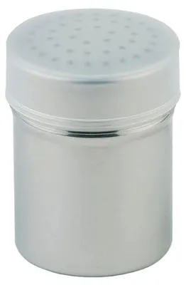 Produktbild von Grobstreuer aus Edelstahl, Ø 5,5 cm, Höhe 7,5 cm, Löcher Ø 2,5 cm, mit Staubdeckel aus PP