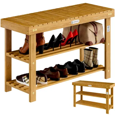Produktbild von CASARIA® Schuhregal mit Sitzfläche Holz Massiv 160kg Belastbarkeit FSC®-Zertifiziert Akazie 3 Ebenen Flur Bad Schuhbank Sitzbank Schuhschrank Braun