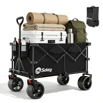 A black folding wagon filled with camping gear.