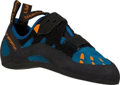 Kletterschuh Tarantula von La Sportiva in Blau und Schwarz mit orangen Akzenten und Klettverschluss.