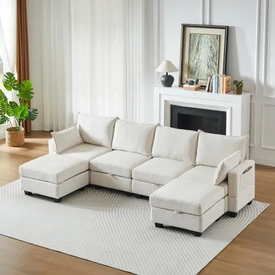 Image de Canapé modulaire en chenille, canapés d'angle pour le salon, canapé d'angle en U avec pouf de rangement, canapés d'angle 6 places avec méridienne