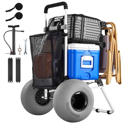 Produktbild von VEVOR Strandwagen mit Ballonreifen (12 Zoll), Faltbarer Strandtrolley (Aluminiumrahmen) mit 4-stufig Einstellbarem Schaumstoffgriff, Handwagen (75 kg Belastbar), Strandkarre für Camping und Angeln