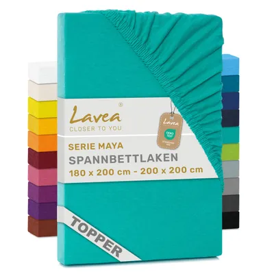 Produktbild von Lavea® Topper Spannbettlaken 180x200 cm - 200x200 cm, Maya 100% Jersey Baumwolle – Weiches Spannbetttuch Topper bis 10 cm- Türkis