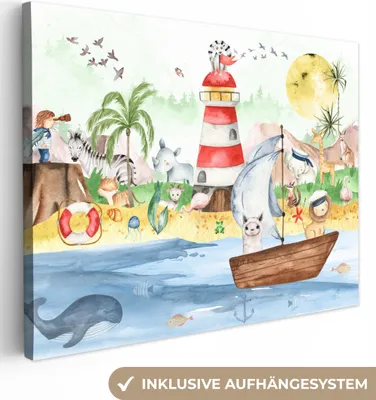 Zdjęcie produktu dla MuchoWow® - Obraz na płótnie - Plaża - Zwierzęta - Dzieci - Latarnia morska - Chłopcy, obraz na ścianę, dekoracja ścienna do salonu, 40x30cm