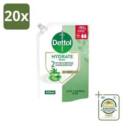 Imagen del producto de 20 unidades de recambio de jabón líquido para manos Dettol, hidratante, con aloe vera y bambú, 500 ml, pack ahorro
