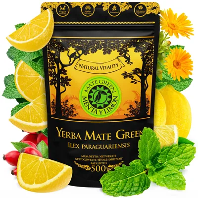 Zdjęcie produktu dla Yerba Mate Green 'Menta Limon' 500g | Brazylijska herbata mate z miętą, trawą cytrynową, korzeniem lukrecji, skórką cytryny i owocami dzikiej róży