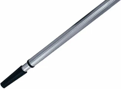 A silver telescopic pole with a black handle on a white background.