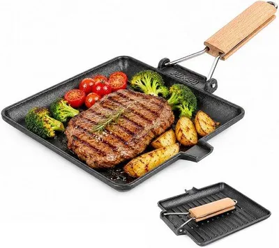 Produktbild von Grillpfanne aus Gusseisen, 20 cm - Steakpfanne für Induktionsherde - mit klappbarem Griff - ideal zum Grillen