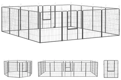 Produktbild von Welpenauslauf, modulares Design, 16 Elemente, 2 Türen, wetterfest, Stahl, 3,2 x 3,2 x 1 m, grau