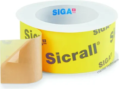 A roll of yellow tape with the brand name 'Sicrall' printed on it, with a piece of tape peeled back to show the adhesive side.