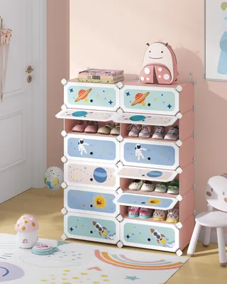 Produktbild von SONGMICS Schuhregal Kinder, Schuhschrank mit Türen, 12 Fächer, Schuh-Organizer stapelbar, Kunststoffregal für Spielzeug, Bücher, Kleidung