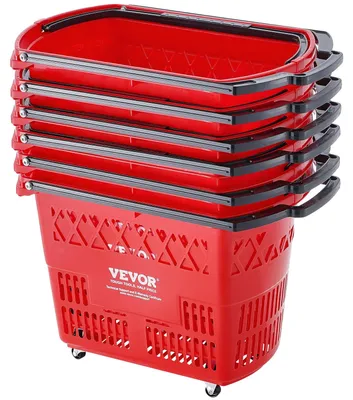 Obrázek produktu pro VEVOR nákupní košíky, 6 kusů, 39 l nákupní vozík s držadly, pojízdný plastový nákupní košík s kolečky, velká přenosná sada nákupních košíků pro supermarkety, maloobchodní prodejny