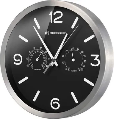 Produktbild von Funkgesteuerte Uhr mit geräuschlosem Funkwerk, Edelstahlgehäuse und Anzeige für Temperatur und Luftfeuchtigkeit, schwarz, 250 x 250 mm