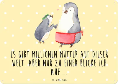 Produktbild von Mr. & Mrs. Panda tafel Pinguin mit Kind DIN A3 - Gelb Pastell - Geschenk, Familie, Muttertag, Vorbild Mama, Blechschild, Retro, Schild, Türschild, Pinguine, Wandbild
