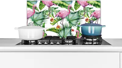 Produktbild von KitchenYeah®  Spritzschutz Küche - Küchenrückwand - Wandschutz für Herd und Spüle - Blätter - Flamingo - Blumen - Dschungel 60x30 - Alu-Dibond (Alternative zum Spritzschutz aus Glas) - Hitzebeständig
