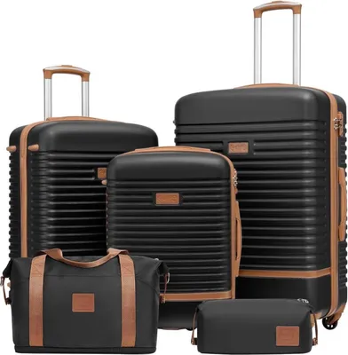 Obrázok produktu pre COOLIFE sada kufrov na kolieskach ABS hard shell 4 kolieska TSA lock black/brown 5ks