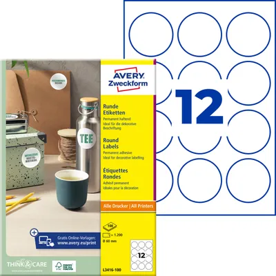 Produktbild von Avery Zweckform L3416-100, Runde Etiketten, A4, ? 60 mm, 1.200 Etiketten / 100 Bögen, weiß