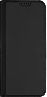 A black flip phone case is shown closed, lying flat against a white background.