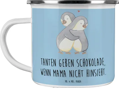 Produktbild von Mr. & Mrs. Panda Teetasse Tante Schokolade - Blau Pastell - Geschenk, Emaille Tasse, Pott, Familie, Freuden, Verwandtschaft, Teebecher, Jubiläen, Motivtasse, Neffe, Spaß