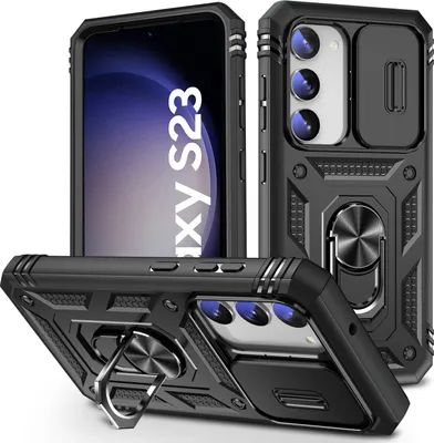 Produktbild von Galaxy S23 Hülle, Schiebe Kamera Schutz Robust Rüstung Schutzhülle mit Ringhalterung Ständer Kartenhalter für Samsung Galaxy S23 Schwarz