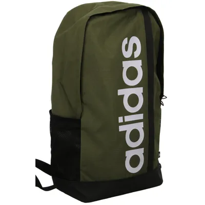 A green Adidas backpack with white Adidas lettering on the side.