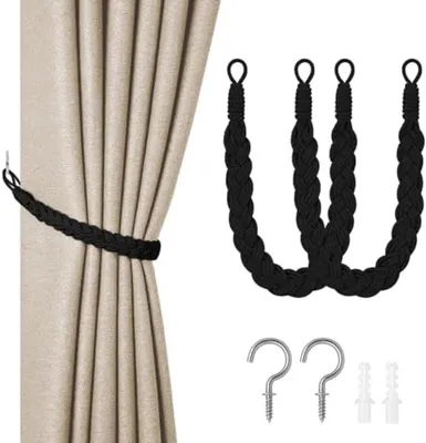 Produktbild von PromoHome® Gardinenhalter 2 Stück Schwarz - handgewebte Baumwoll-Gardinenraffer, dekorative Clipringe für Fensterdekoration, Haus Büro Hotel