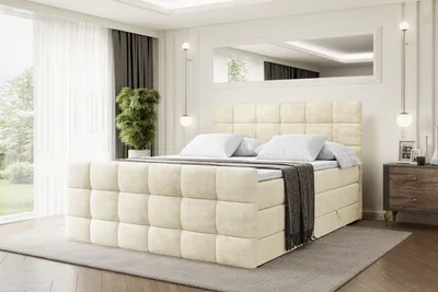 Produktbild von ALTDECOR Boxspringbett mit Matratze und Lattenrost  - BRUGO -Z KING  - 200x200 cm  - Beige Monolith - Topper, Fußteil, Polsterbett mit Bettkasten, Bett mit Stauraum H3 - und H4 - Matratze, Doppelbett, Springboxbett