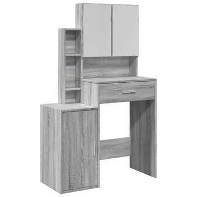 A vanity table with a cabinet and shelves, shown against a white background.
